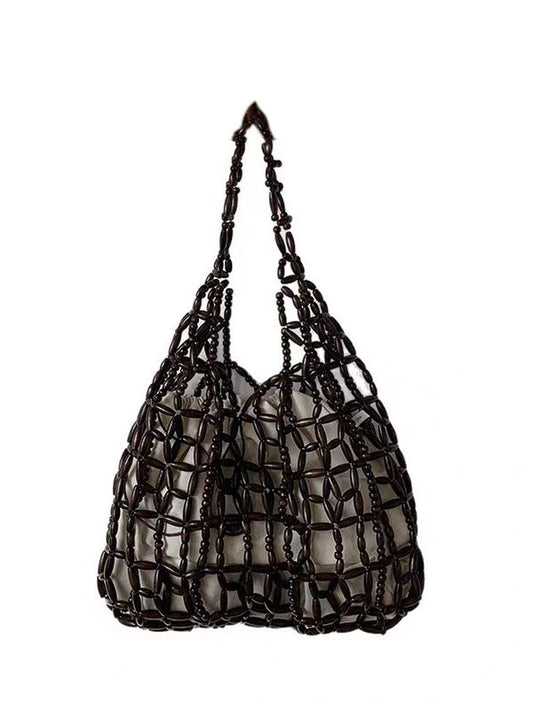 Women's Hand-woven String Wooden Bead Large Capacity Portable Niche Bags