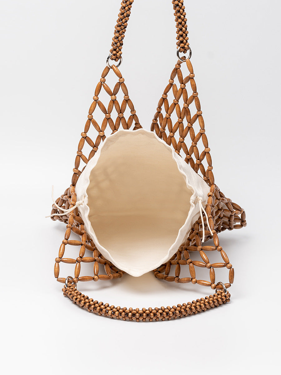 Women's Maple Material Woven Seaside Vacation Beach Wooden Bead Women's Shoulder Bag