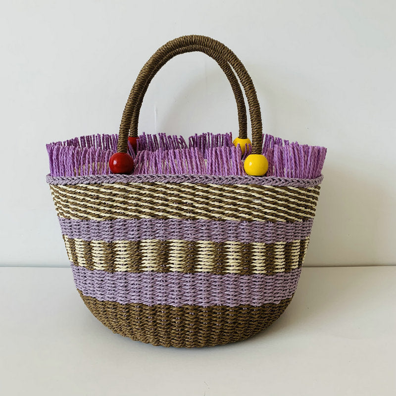 Vacation Style Beach Vegetable Basket Portable Wooden Bead Straw Twill Women's Handbag