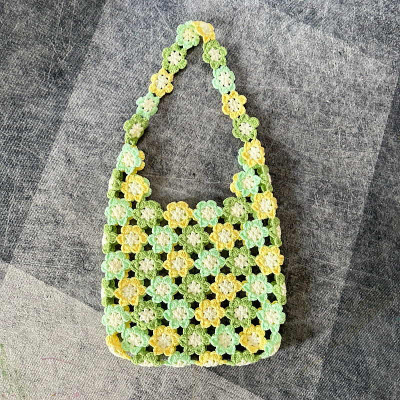 Wool Knitted Rainbow Laminate Stitching Fresh Cutout Flowers Woven Women's Shoulder Bag