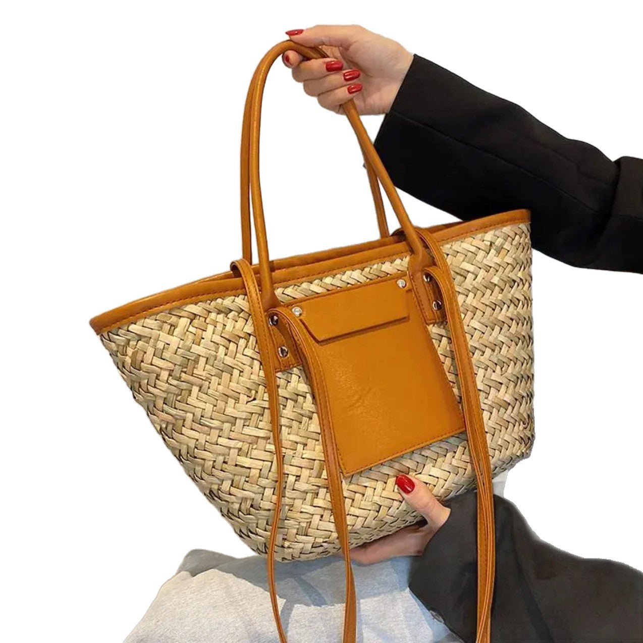Retro Straw Coffee Color Large Capacity Portable Leather Patchwork Woven Women's Messenger Bag
