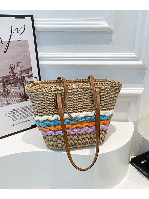 Women's Rainbow Striped Straw Woven Beach Vacation Large Women's Shoulder Bag