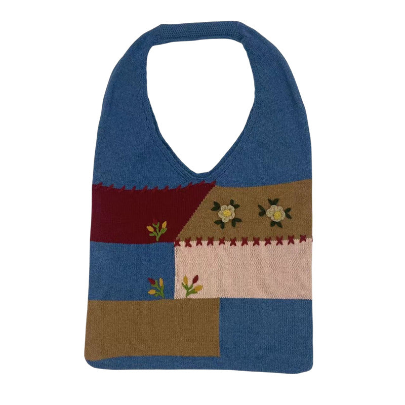 Women's Patchwork Woven Mori Wool Handmade Crochet Portable Hand Embroidered Knitted Shoulder Bags