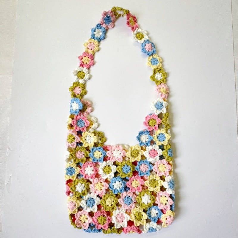 Wool Knitted Rainbow Laminate Stitching Fresh Cutout Flowers Woven Women's Shoulder Bag
