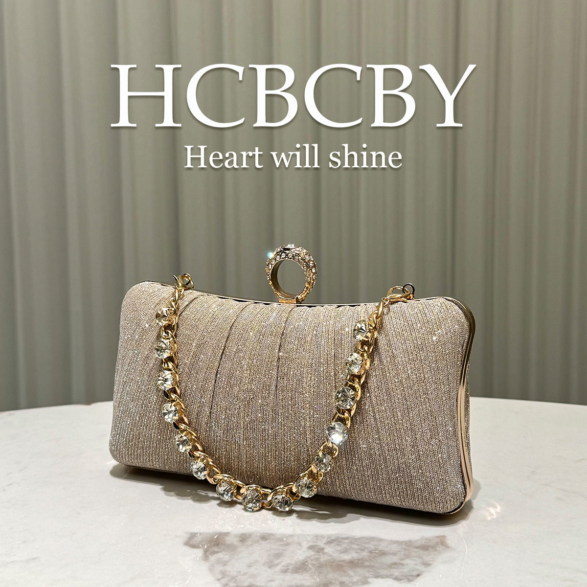 Women's Champagne Shiny Pleated Elegant Gorgeous Rhinestone Chain Clutch Fashion Dinner Bag