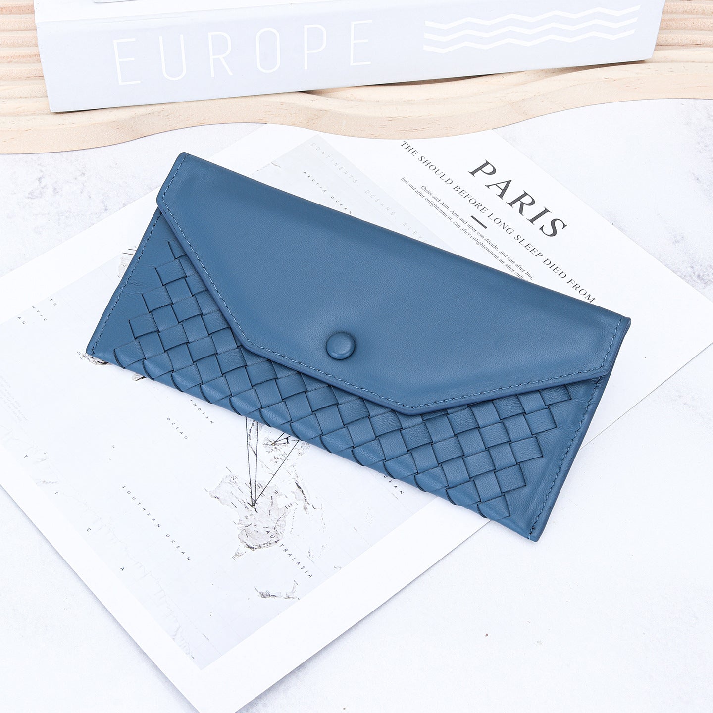 Women's & Men's Sheepskin Woven Long Fashion Thin Envelope Genuine Ladies Wallet