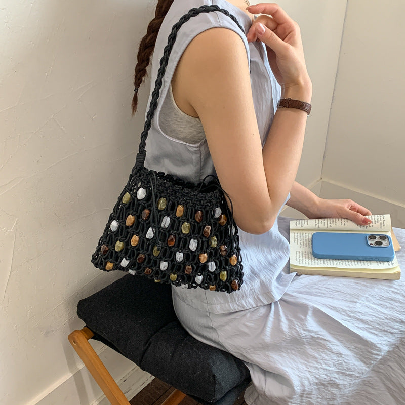 Handmade Wax Rope Woven Portable Beaded Women's Shoulder Bag