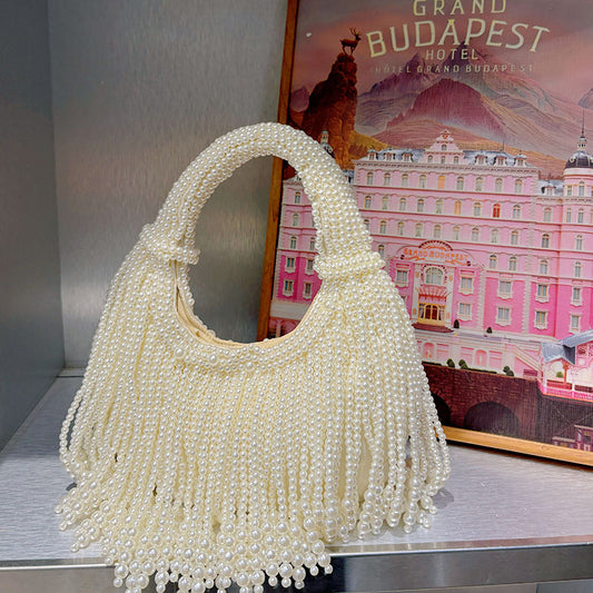 Temperament Pearl Chinese Banquet Hand-woven Beads Simple White Portable Bags