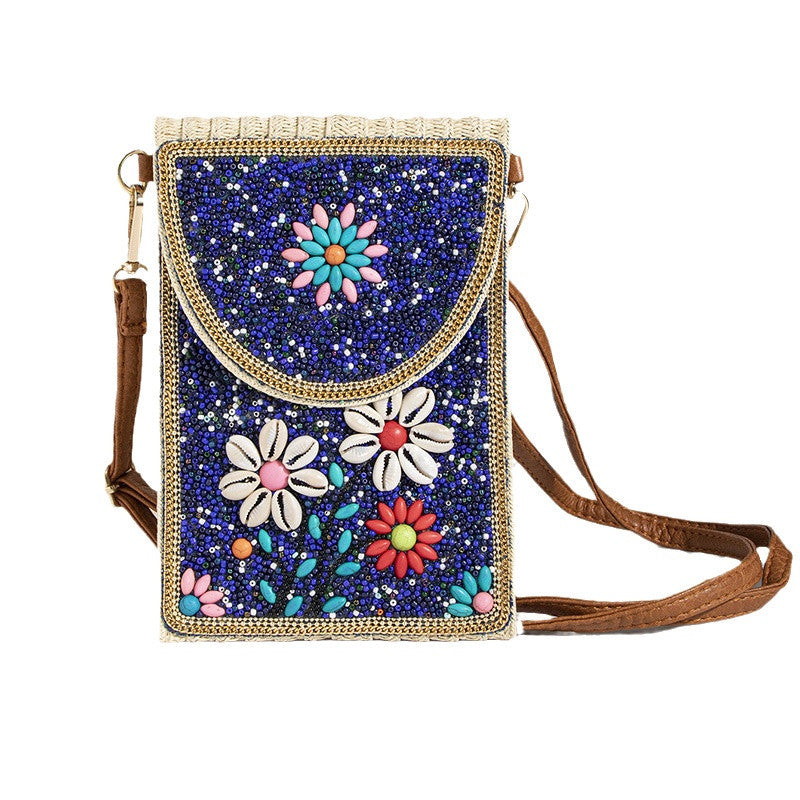 Women's Style Bead Turquoise Pattern Straw Woven Shoulder Bags