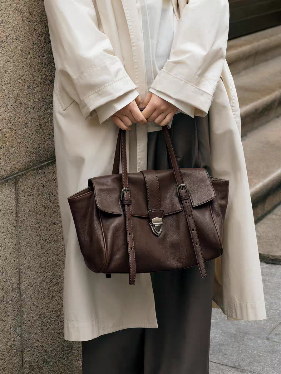 Women's Tanned Sheepskin French Stick Portable Leather Large Capacity Tote Bag