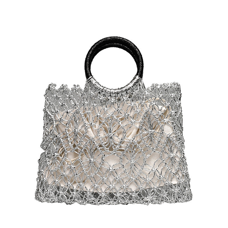 Women's Handmade Woven Fashion Drawstring Polyester Hollow Contrast Bags