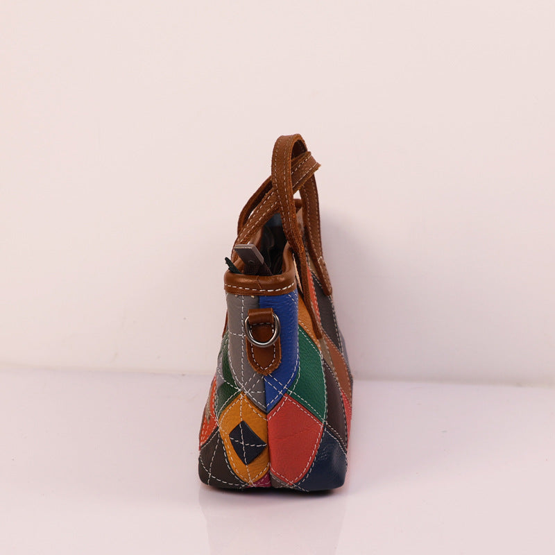 Women's First Layer Cowhide Ethnic Style Fashion Portable Stitching Women's Leather Bag