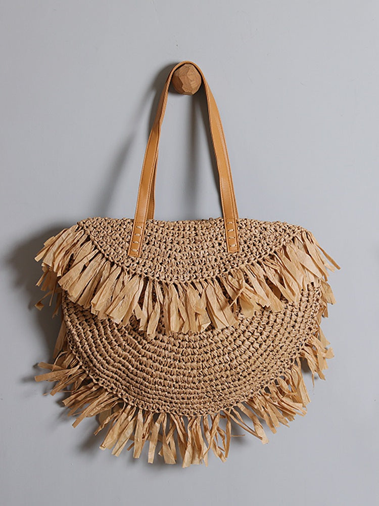 Women's Beach Vacation Weaving Round Ethnic Style Tassel Rattan Large Capacity Bags