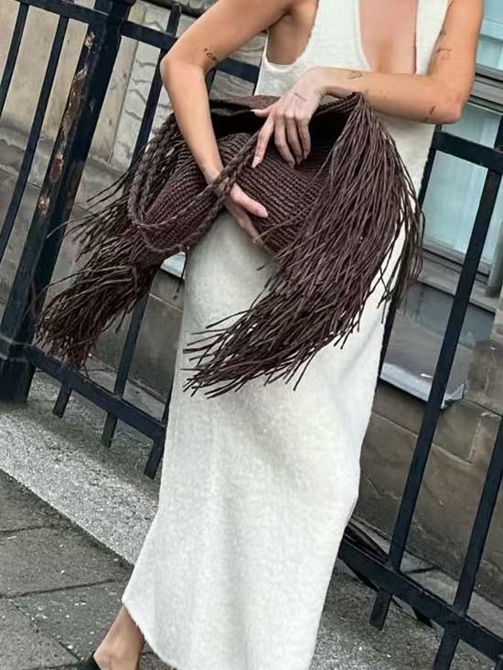Women's Fashionable Brown Straw Tassel Design Women's Shoulder Bag