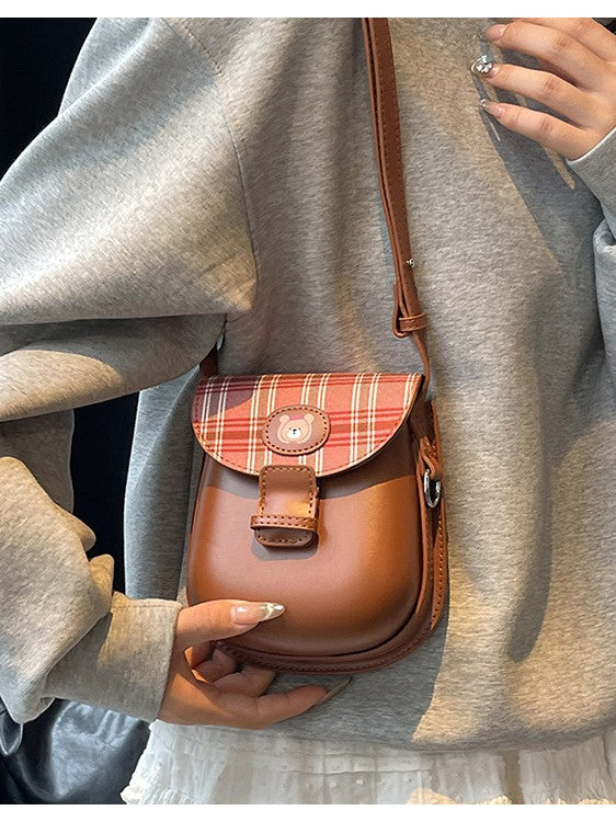 Women's Winter Preppy Style Retro Plaid Saddle Cute Bags