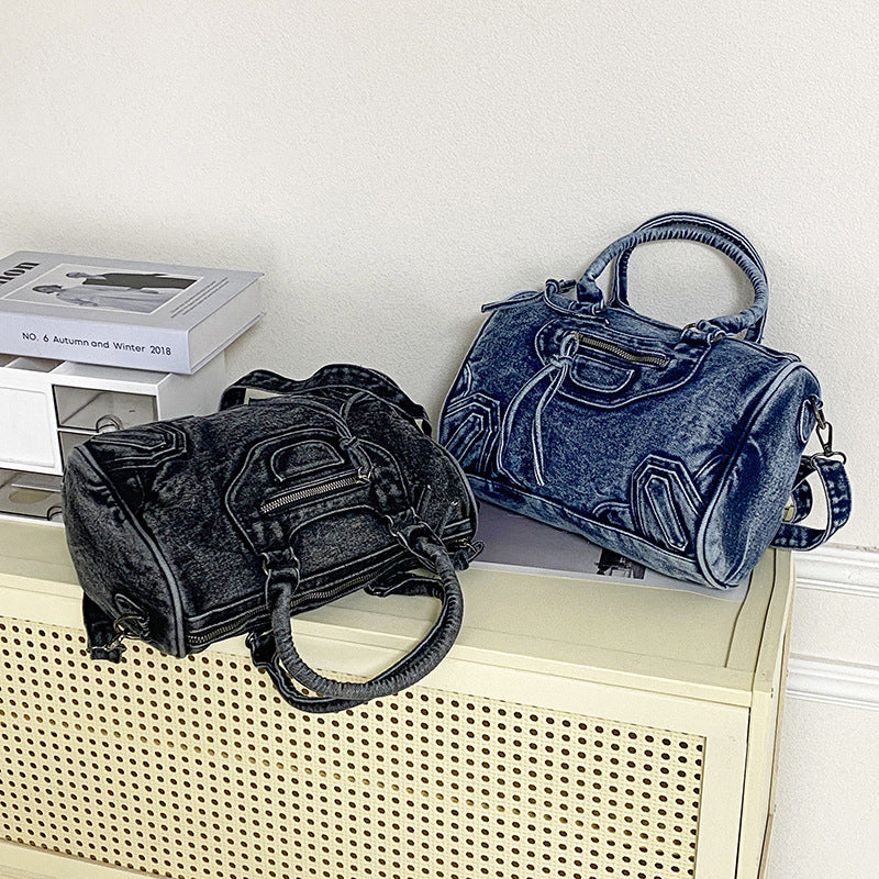 Retro Washed Denim Motorcycle Large Capacity Shoulder Bags