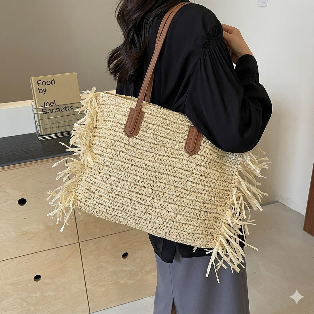 Women's Tassel Straw Hand-woven Large Capacity Vacation Tote Bag