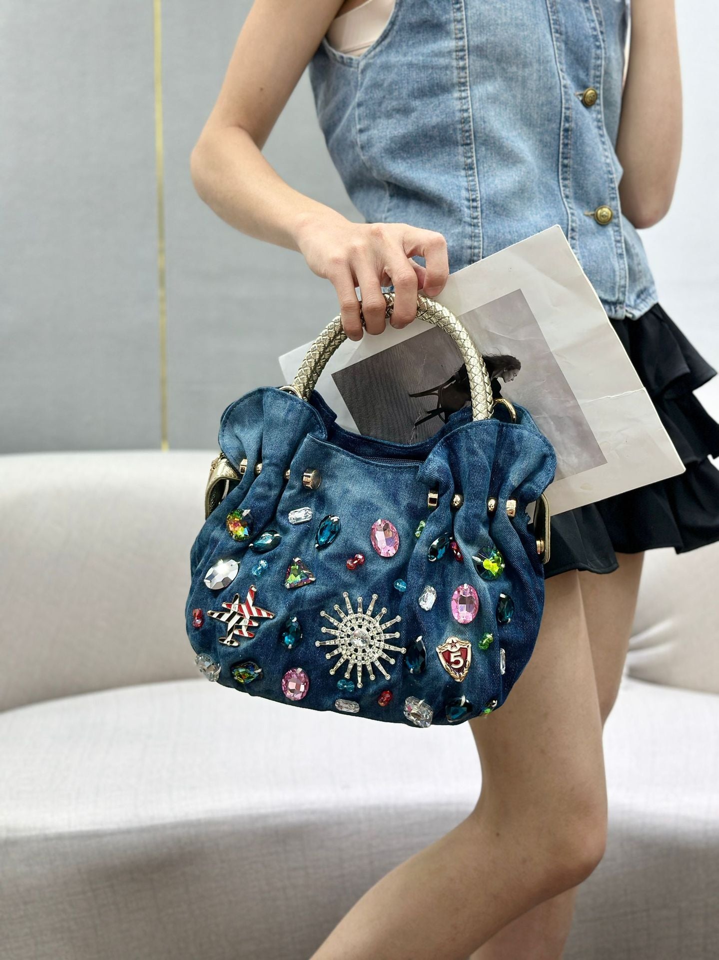 Women's Style Rhinestone Fashion Jean Diamond Dumpling Women's Handbag