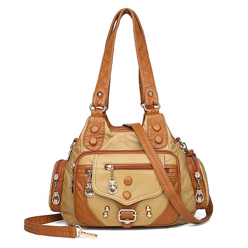 Women's Contrast Color Rivet Washed Leather Portable Soft Women's Shoulder Bag