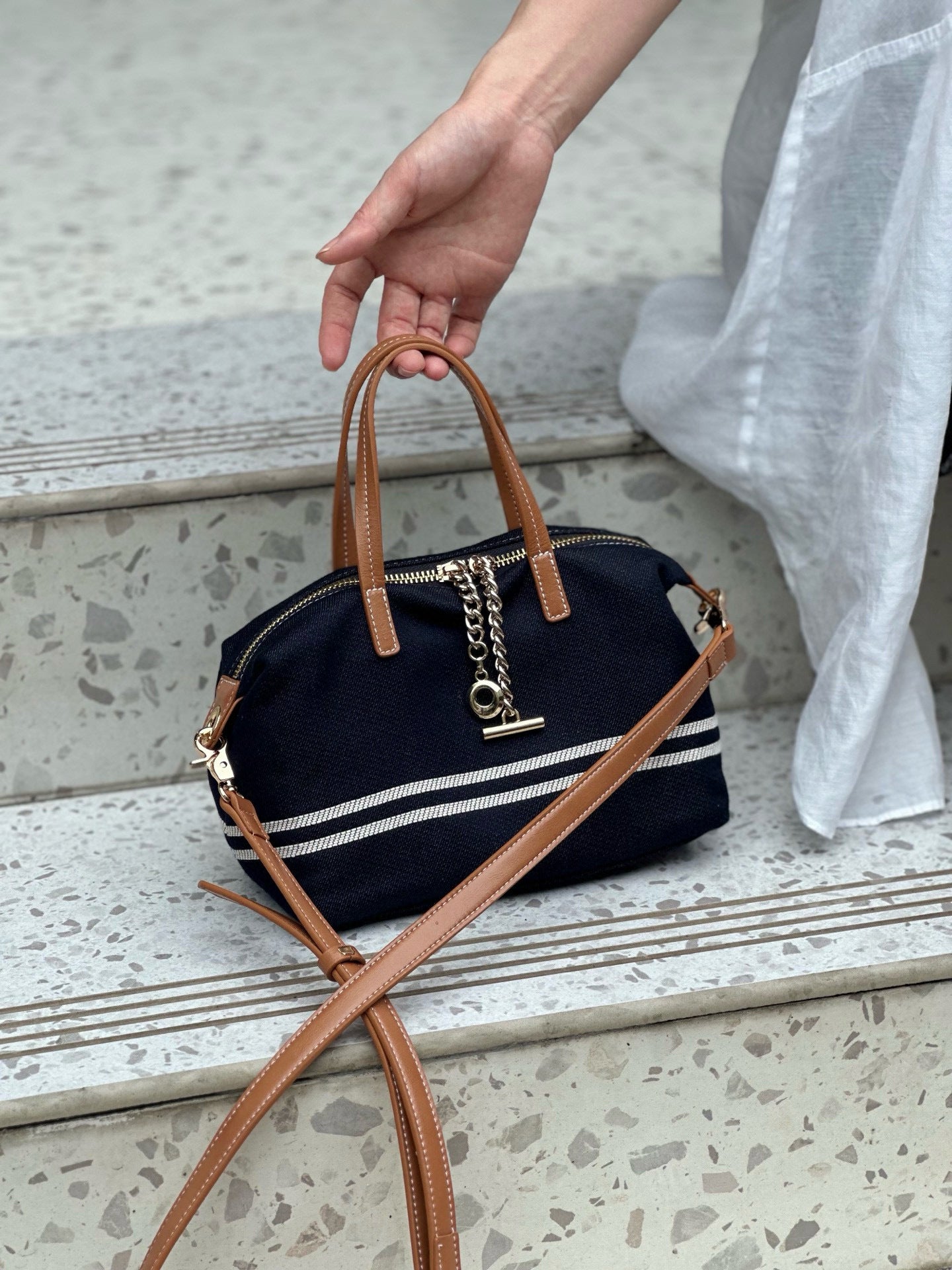 Women's Imported Washed Denim With Cowhide Leather Medium Leisure Bags