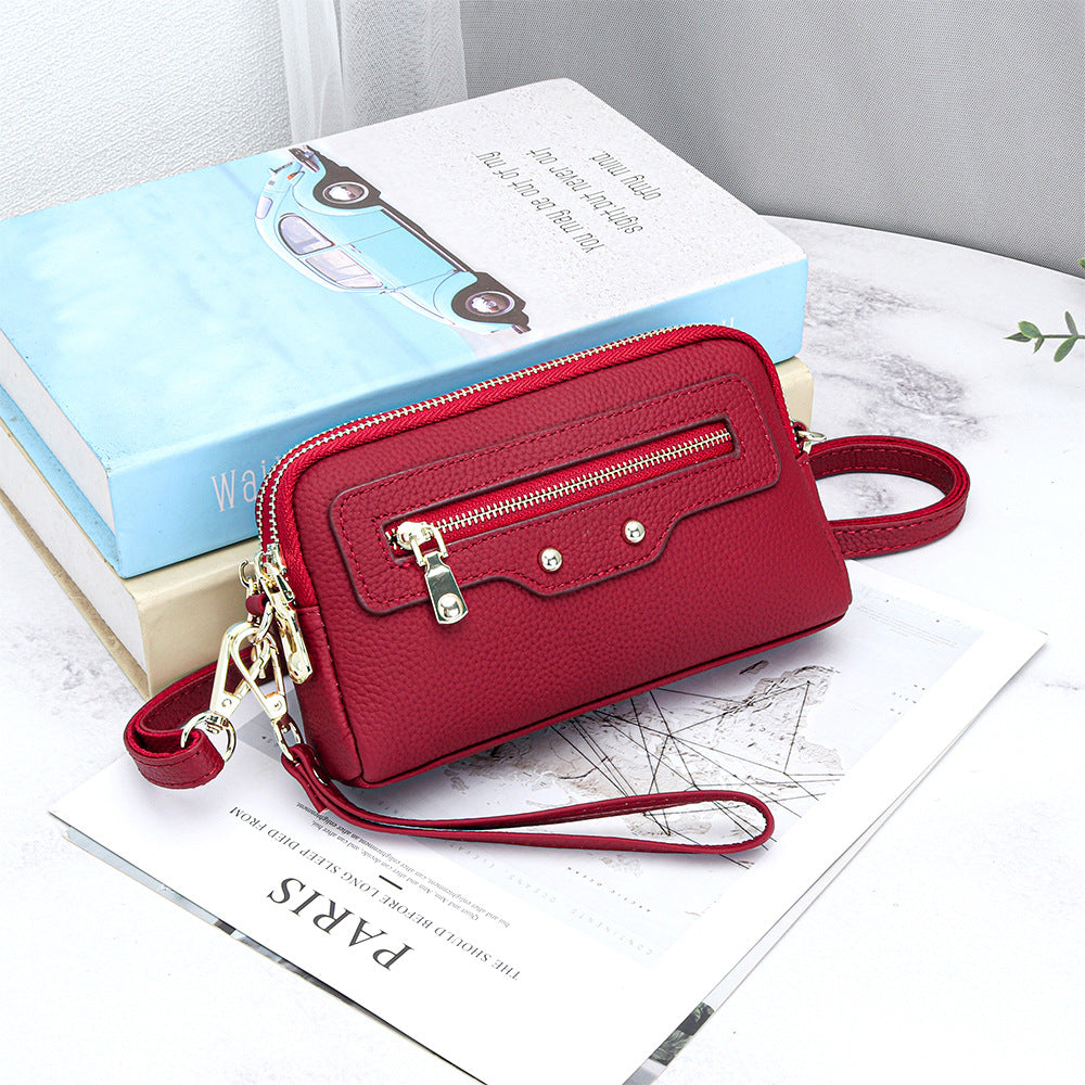 Women's Motorcycle Layer Cowhide Double Zipper Multifunctional Women's Messenger Bag
