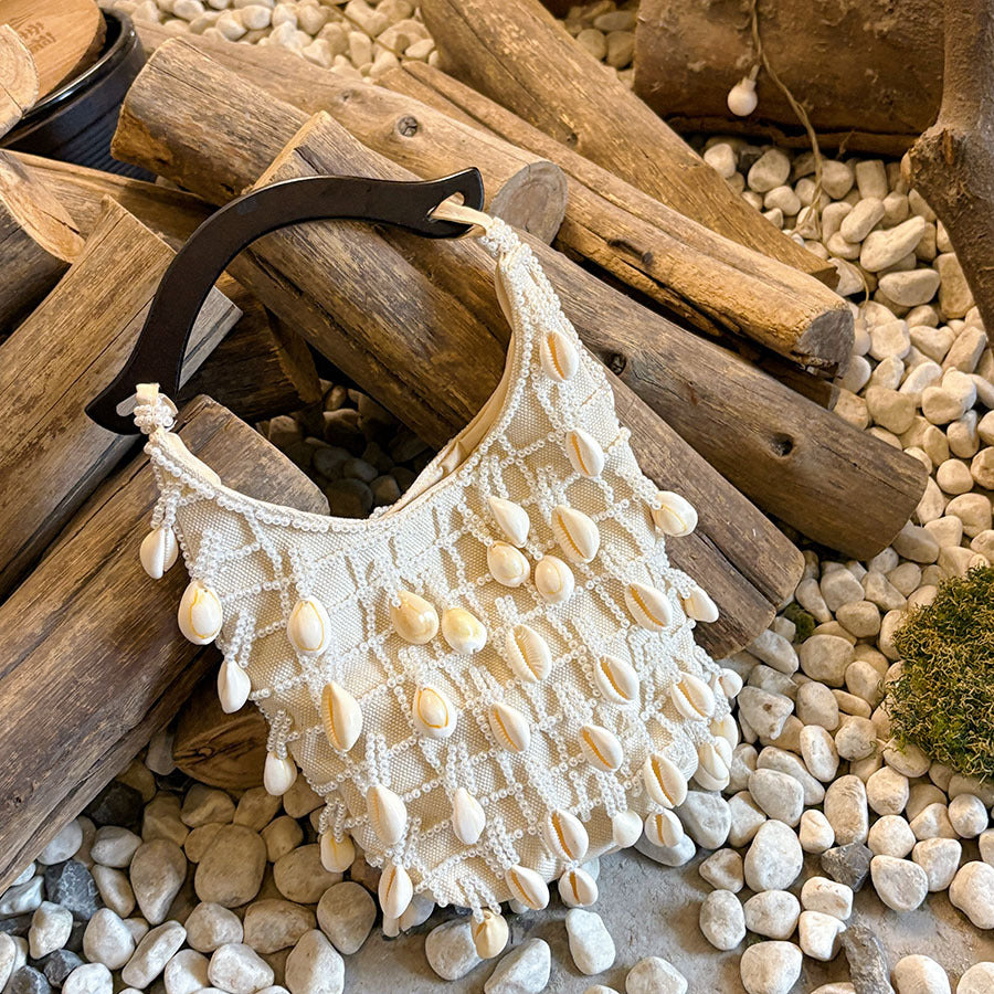 French Style Classic Cloud Shell Beaded Cream Women's Handbag