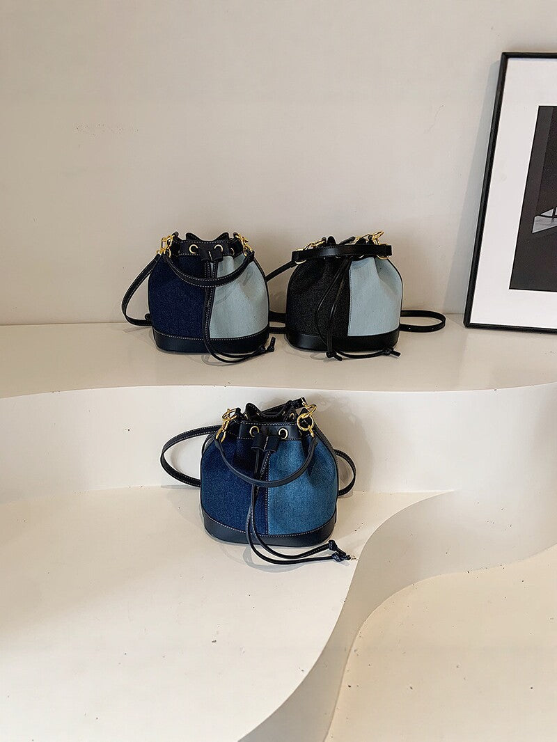 Contrast Patchwork Portable Female Korean Style Niche Drawstring Bundle Bags