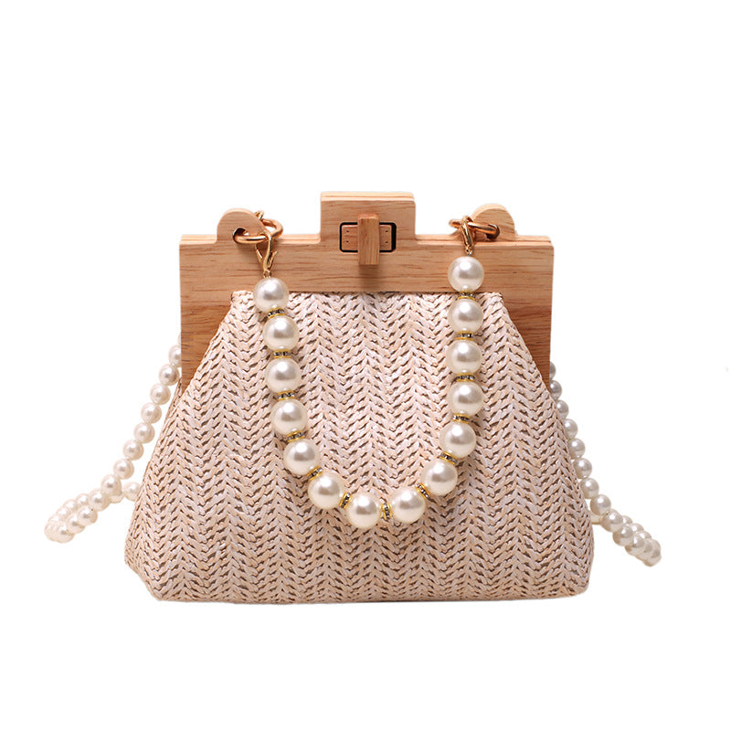 Women's Wood Clipped Button Summer Fashion Woven Pearl Shell Bags