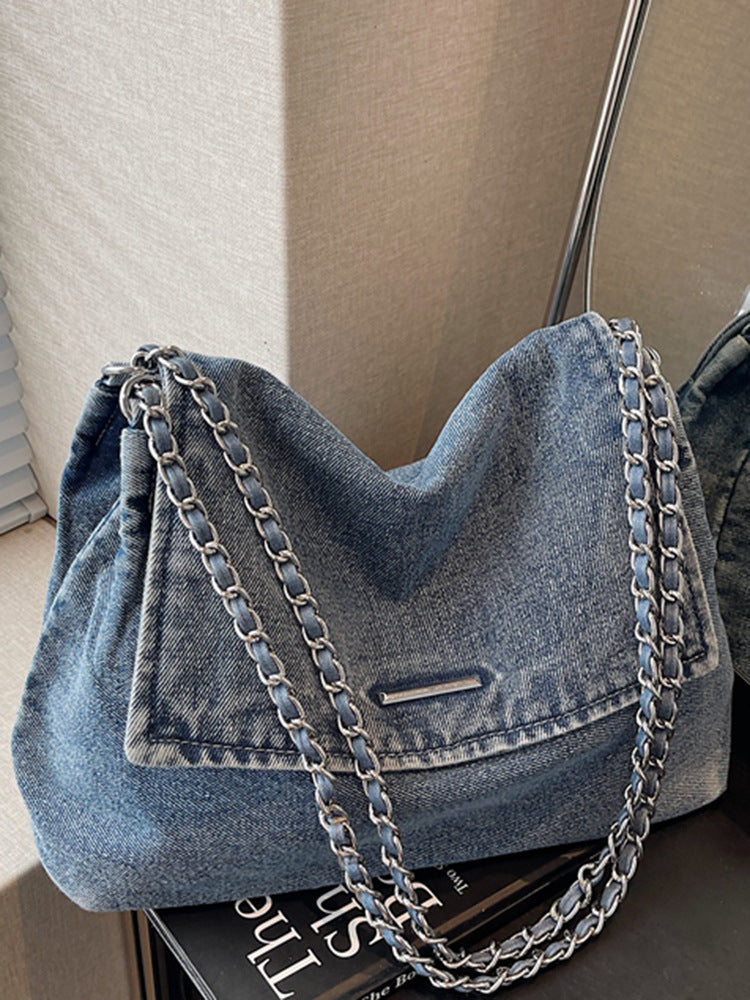 Korean Style Chain Large Capacity Denim College Shopping Tote Bags