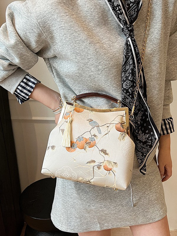 Chinese Style Silk Persimmon Bird Jacquard Bags