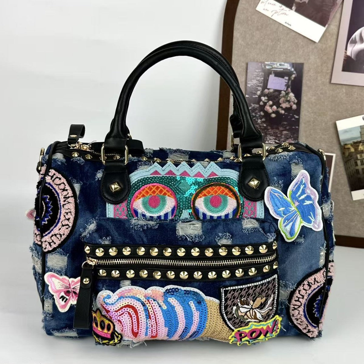 Women's Rivet Badge Embroidered Motorcycle Denim Fashion Korean Style Contrasting Color Women's Handbag