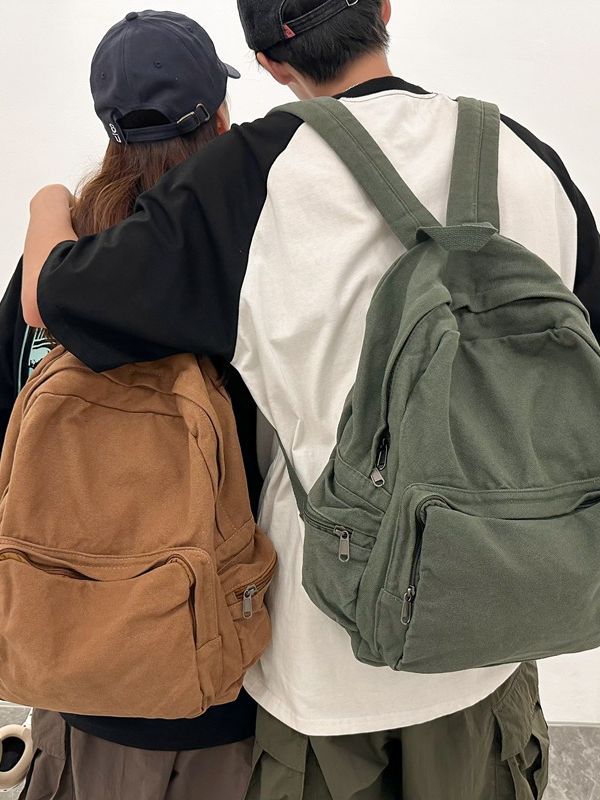Washed Cloth Solid Color Retro Neutral Four Large Capacity Front Leisure Backpack