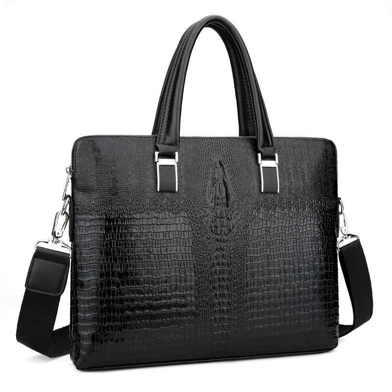 Men's Genuine Leather Double Zipper Business Crocodile Head Trendy Men's Briefcase