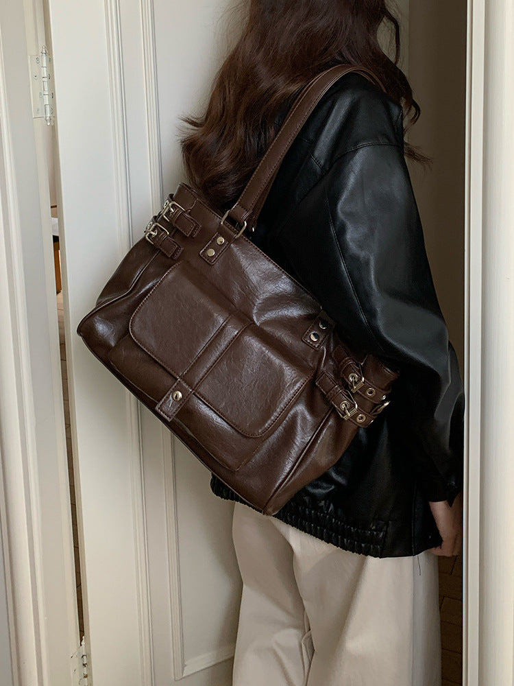 Retro Coffee Color Versatile Large Capacity Commuter Korean Preppy Women's Shoulder Bag