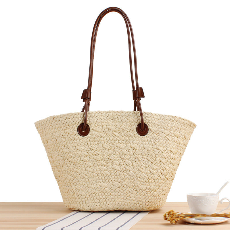 Women's Style Fashion Solid Color Woven Retro Contrast Large Capacity Bags