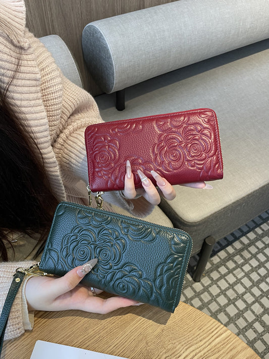 Women's Real Leather Long Single Zipper Fashion Camellia First Layer Ladies Wallet