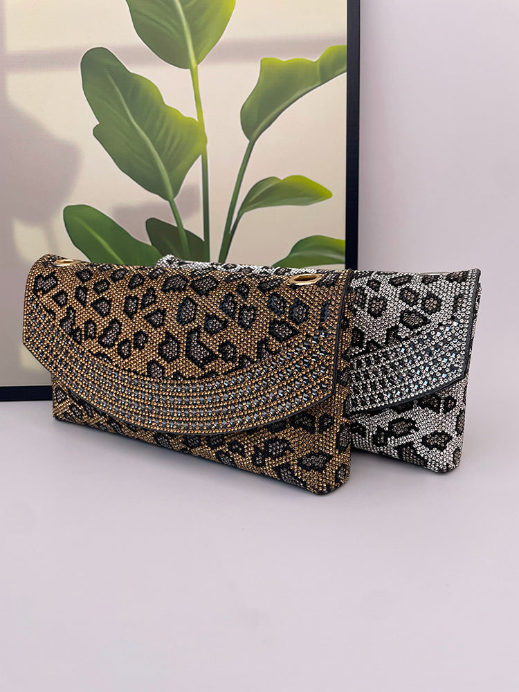 Women's Leopard Print Full Diamond Clutch Banquet Shoulder Bags