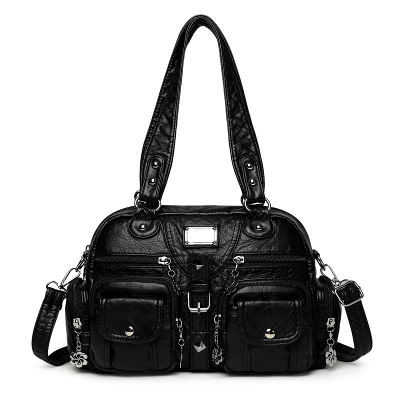 Elegant Sier Flower Real Washed Leather Smiling Women's Handbag