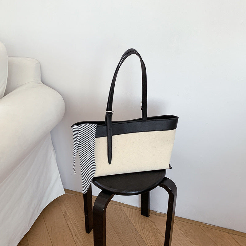 Women's Niche Canvas Stitching Contrast Color Commute Large Women's Shoulder Bag