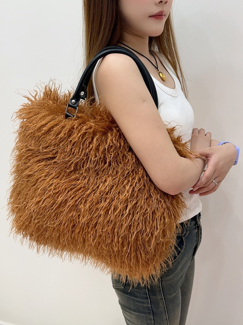 Women's Fashion Sense Fur Large Capacity Imitation Sheep Beach Tote Bags