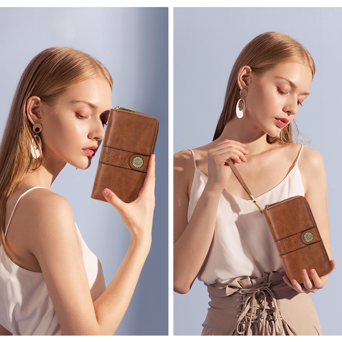 Women's Retro Leather Clutch Double Zipper Long Ladies Wallet