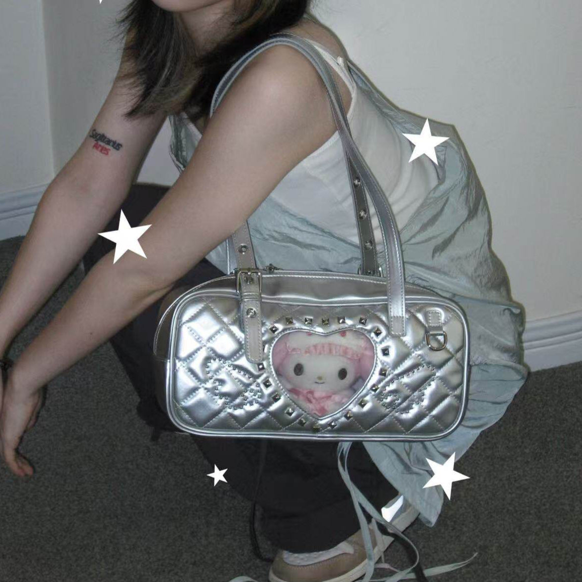 Women's Love Rhombus Cartoon Rivet Heart-shaped Window Plush Doll Women's Shoulder Bag