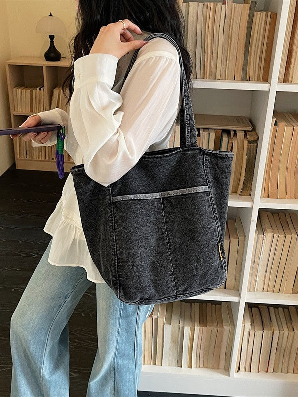 Simple Korean Style Solid Color Denim Versatile High Quality Women's Shoulder Bag