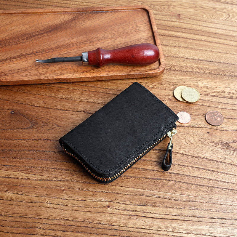 Frosted Short Zipper First Layer Cowhide Genuine Leather Men's Wallet