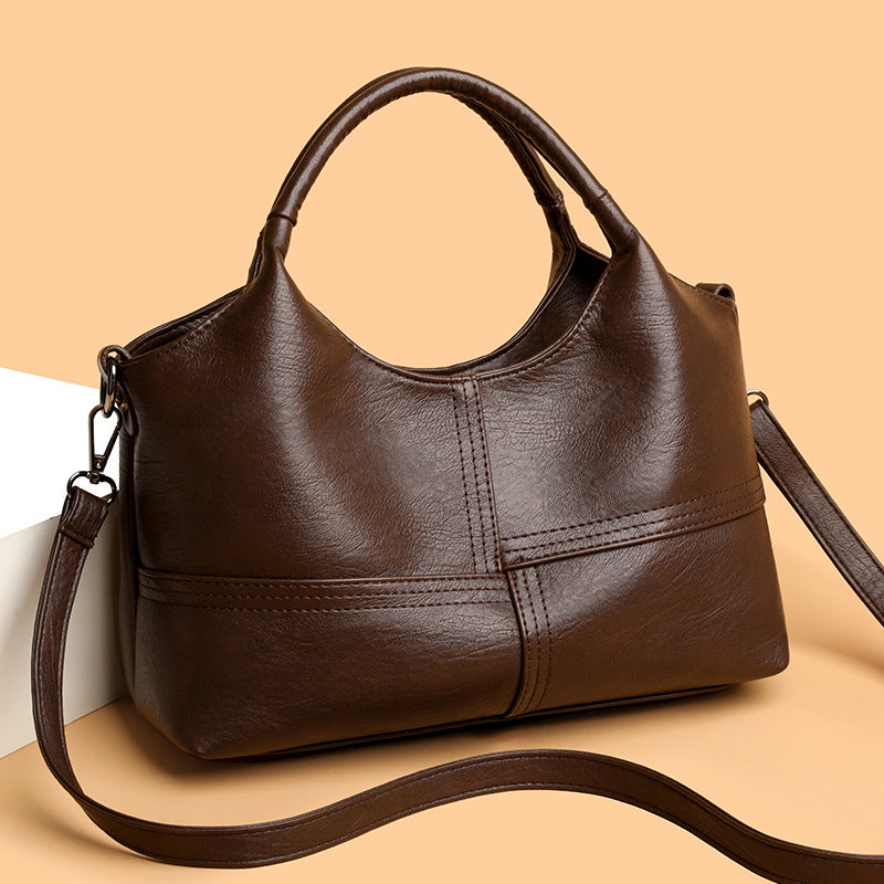 Women's Retro Soft Leather Fashion Stitching Large Tote Bag