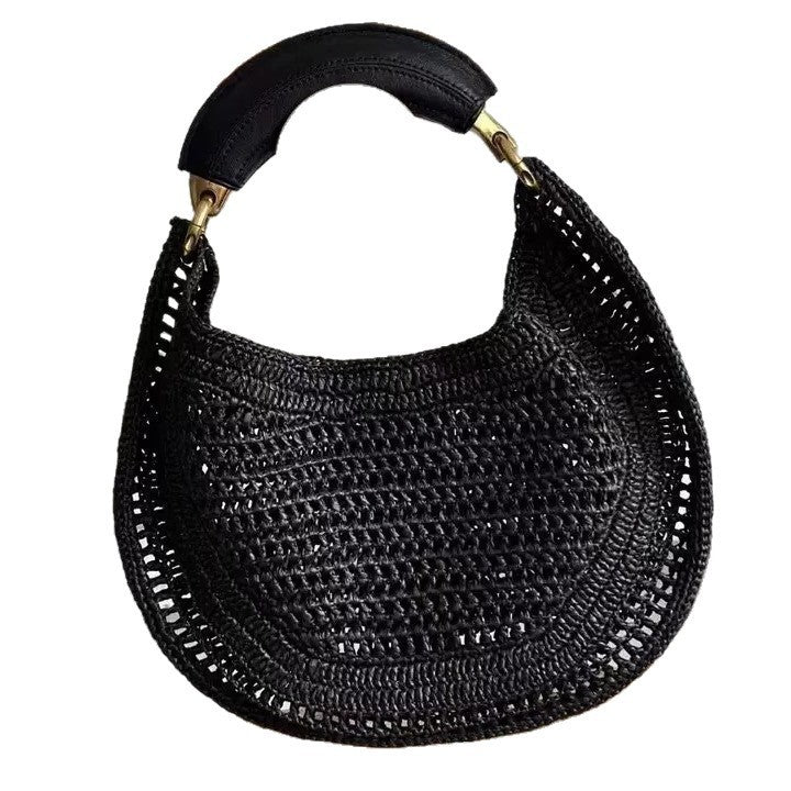 Design Straw Woven Moon Soft Leather Textured Women's Shoulder Bag