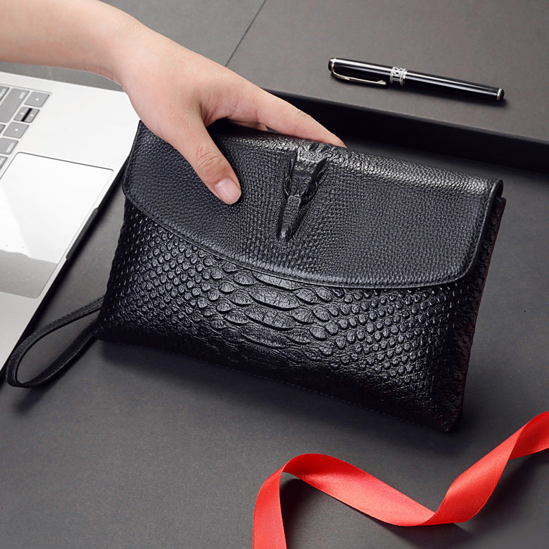 Men's Crocodile Texture Black Genuine Leather Soft Large Men's Clutch