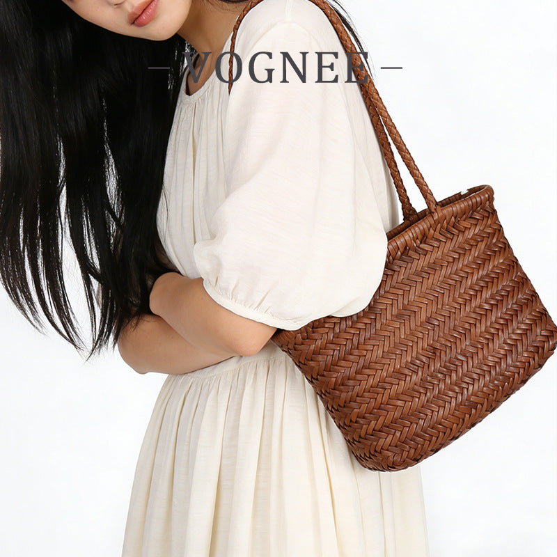 Genuine Leather French Food Basket Woven First Layer Cowhide Retro Small Square Bags