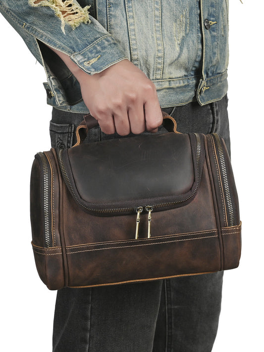 Than Crazy Horse Leather Zipper Portable Toiletry Large Capacity Trendy Bags