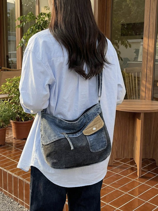 Women's Retro Trendy Washed Denim Fashion Stitching Women's Shoulder Bag